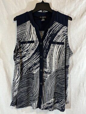 Elie McCarthy Women’s 1X Navy & White Striped Print Sleeveless Blouse